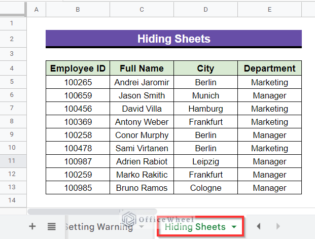 dataset of hiding sheets in google sheets