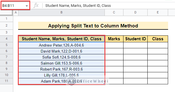 Use of Split Text to Column Method to paste comma separated values in google sheets