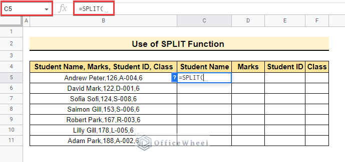 Using SPLIT Function to paste comma separated values in google sheets