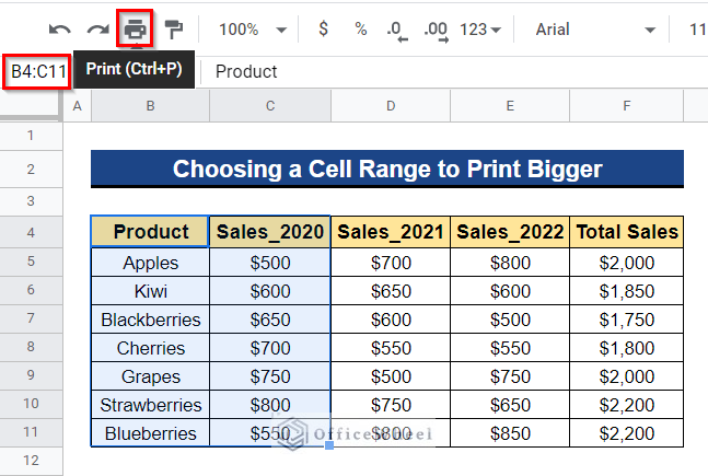 Choosing a Cell Range to Print Bigger in Google Sheets