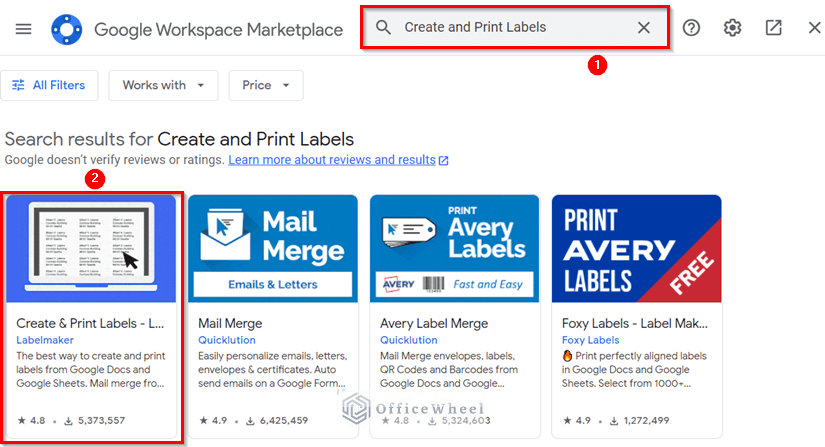 Selecting the Create & Print Labels - Label Maker for Avery and Co add-on from search results