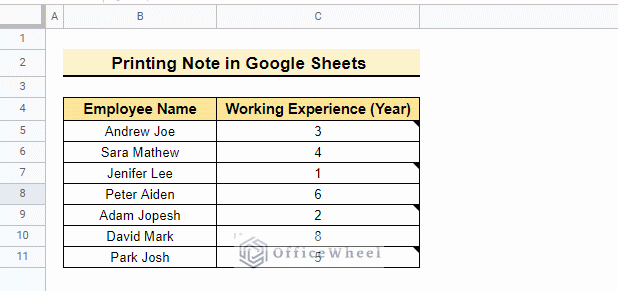 Dataset of how to print notes in google sheets