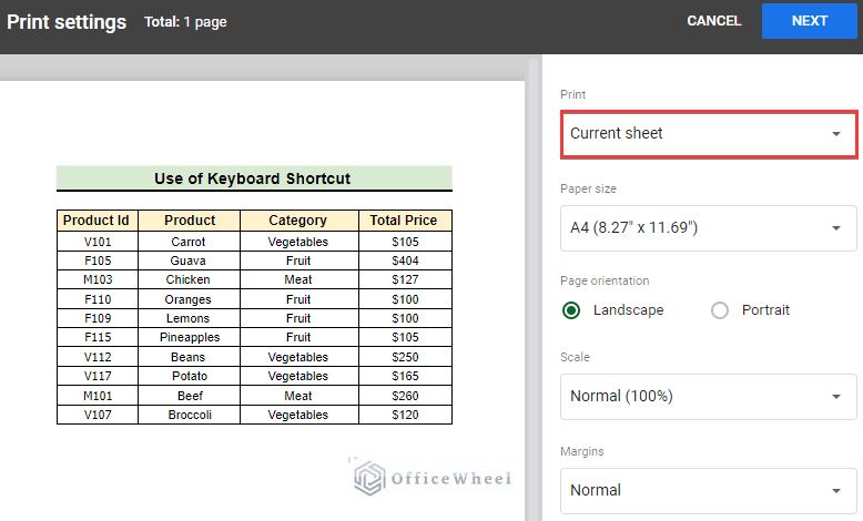 Use of keyboard shortcut to print certain columns