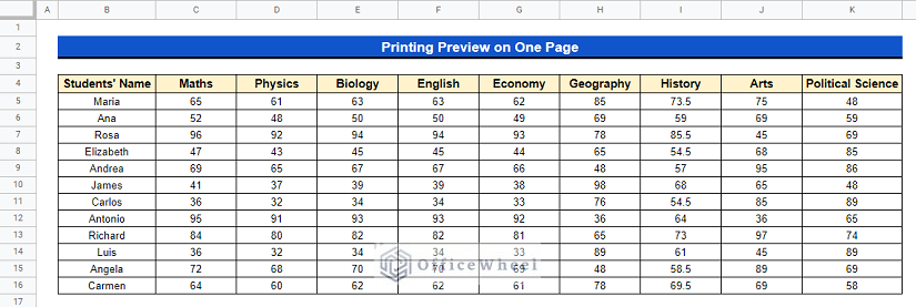 dataset to Print Preview on One Page in Google Sheets