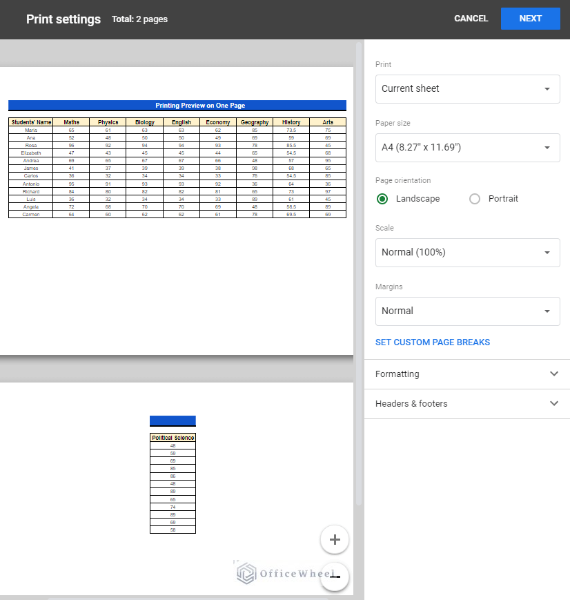 print preview on google sheets