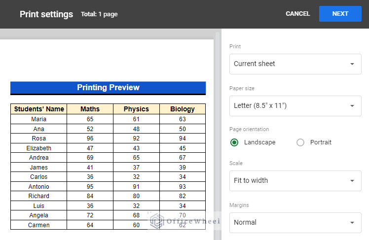 Print Preview window in Google Sheets