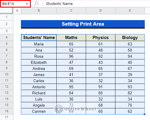 Selecting cell range to Set Print Area in Google Sheets