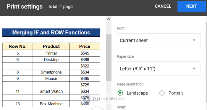 Output for Printing Row Numbers in Google Sheets