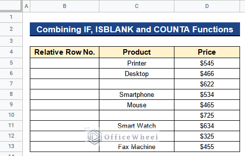 Dataset for Combining IF, ISBLANK and COUNTA Functions