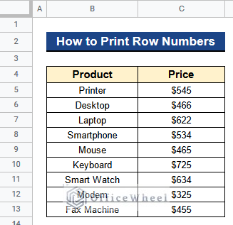 Dataset to Print Row Numbers in Google Sheets