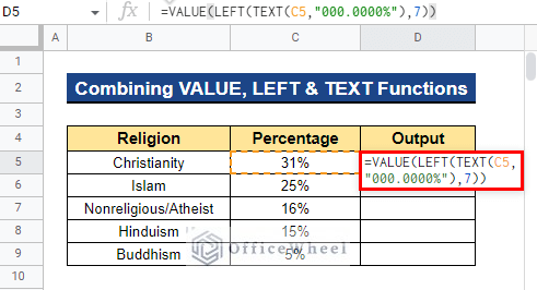 Combining VALUE, LEFT, and TEXT Functions to Remove Percentage Sign in Google Sheets