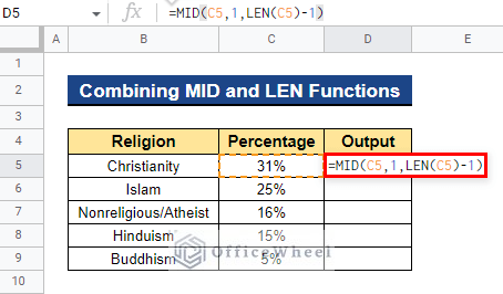 Joining MID and LEN Functions to Remove Percentage Sign in Google Sheets