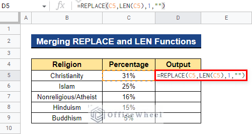 Joining REPLACE and LEN Functions to Remove Percentage Sign in Google Sheets