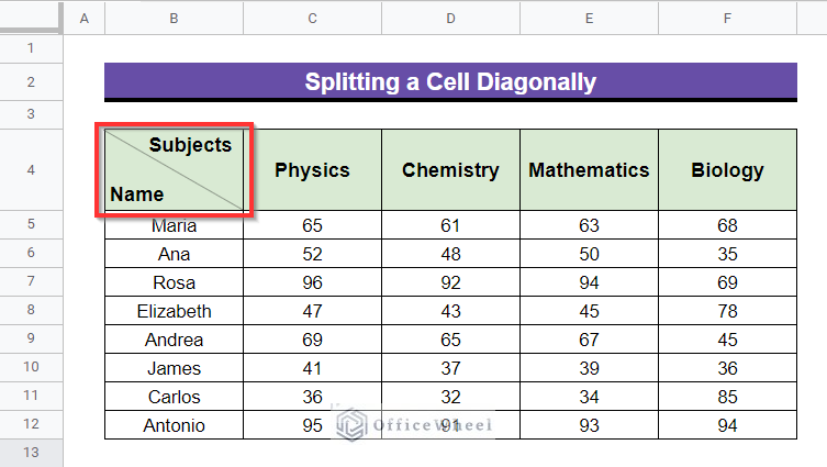 overview to split a cell diagonally in google sheets