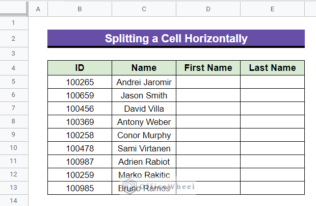 dataset to Split a Cell Horizontally in Google Sheets