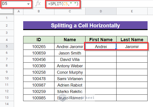 applying SPLIT formula to Split a Cell Horizontally in Google Sheets