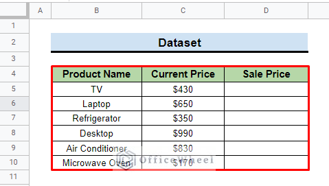 dataset of how to subtract a percentage in google sheets