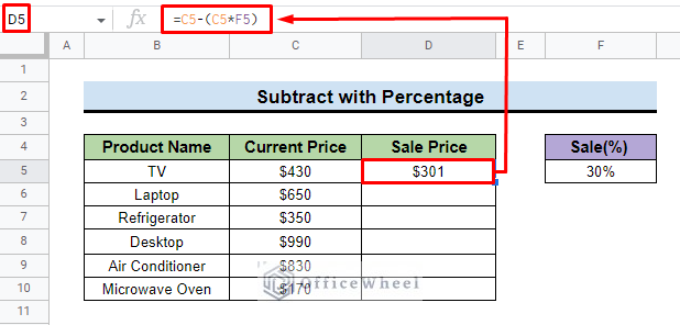 outcome of how to subtract percentage in google sheets