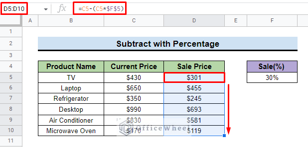 values of subtract percentage in google sheets