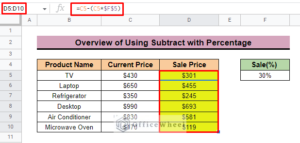 overview of how to subtract a percentage in google sheets