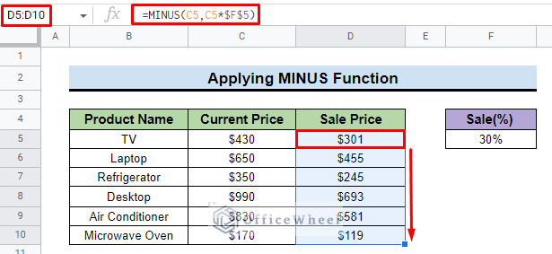 fill column to subtract a percentage in google sheets