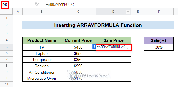 add arrayformula function in google sheets