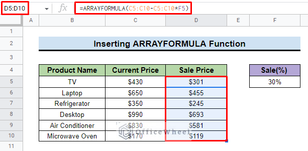 outcome of arrayformula function to subtract a percentage in google sheets