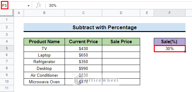insert sale percentage for subtract formula
