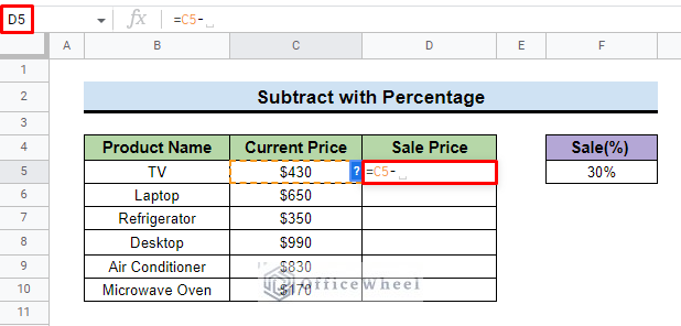 add subtraction operator in google sheets