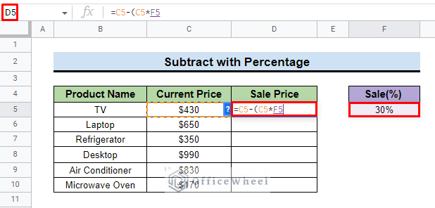 insert percentage cell in the formula