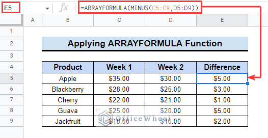 Inserting ARRAYFORMULA to Subtract Two Cells in Google Sheets