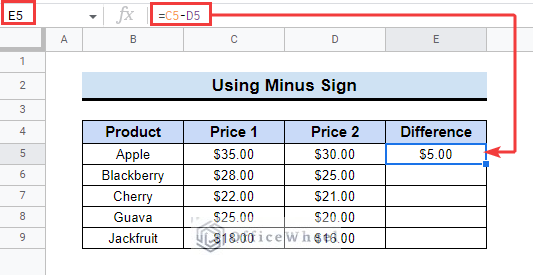 Using Minus Sign to Subtract Two Cells in Google Sheets