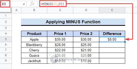 Inserting MINUS Function to Subtract Two Cells in Google Sheets