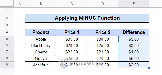 Applying MINUS function to all cells
