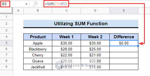Inserting SUM formula to Subtract Two Cells in Google Sheets 