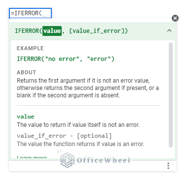 syntax for iferror function in google sheets