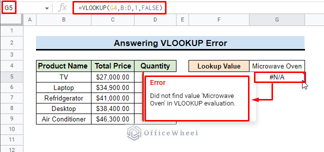 errors finds for vlookup function