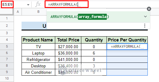 insert arrayformula function