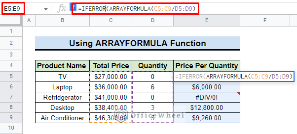 insert iferror with arrayformula function
