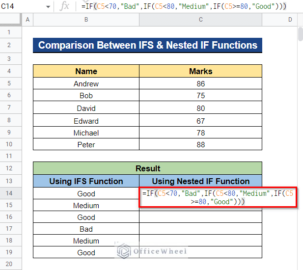 Using IFS Function and nested IF Function in Google Sheets to Compare