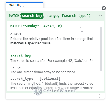 syntax for match function in google sheets