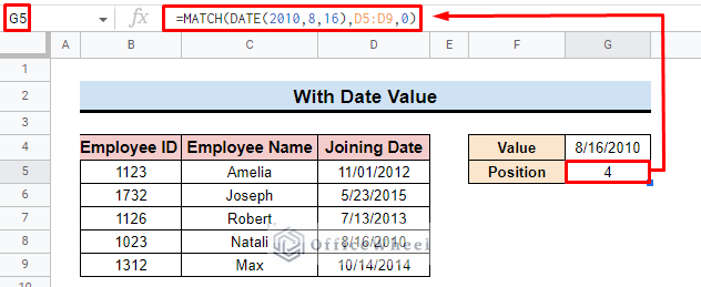 match function with date in google sheets