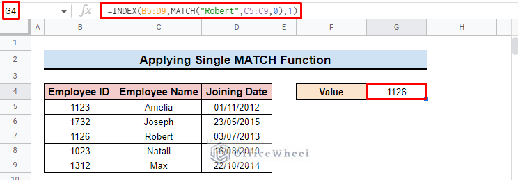 output of single match function in google sheets