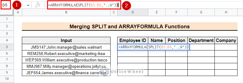 Using ARRAYFORMULA and SPLIT functions to split texts at once