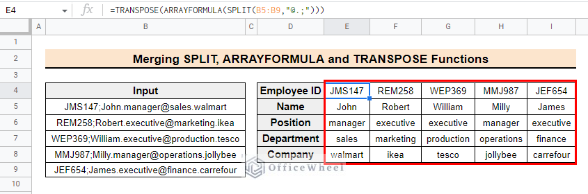 Result of using SPLIT, ARRAYFORMULA and TRANSPOSE to split text to rows