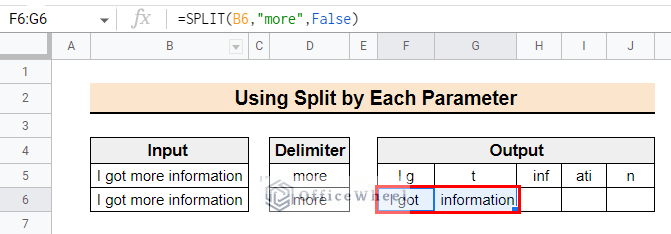 Result of using Split by Each parameter FALSE in SPLIT function