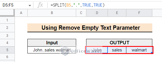 Result of using Remove Empty text parameter in SPLIT function
