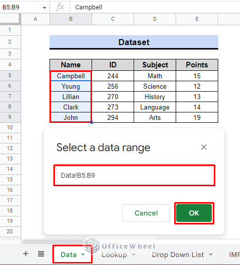 setting data range from another sheets for data validation