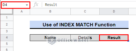 header title for index match function in google sheets