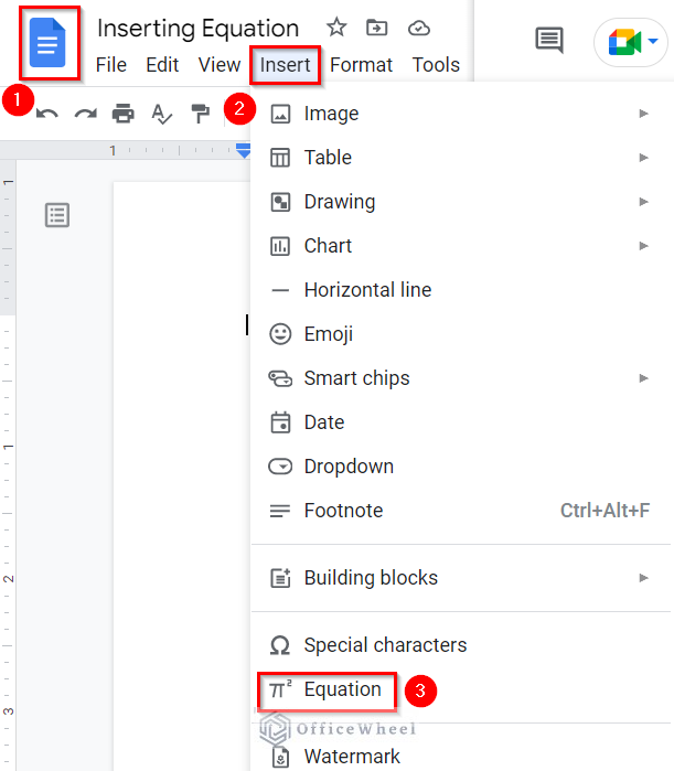 Selecting Equation tool from Google Docs